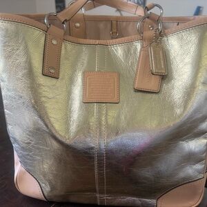 Coach BRAND NEW NEVER USED Metallic Gold Tote with Tan Leather Trim